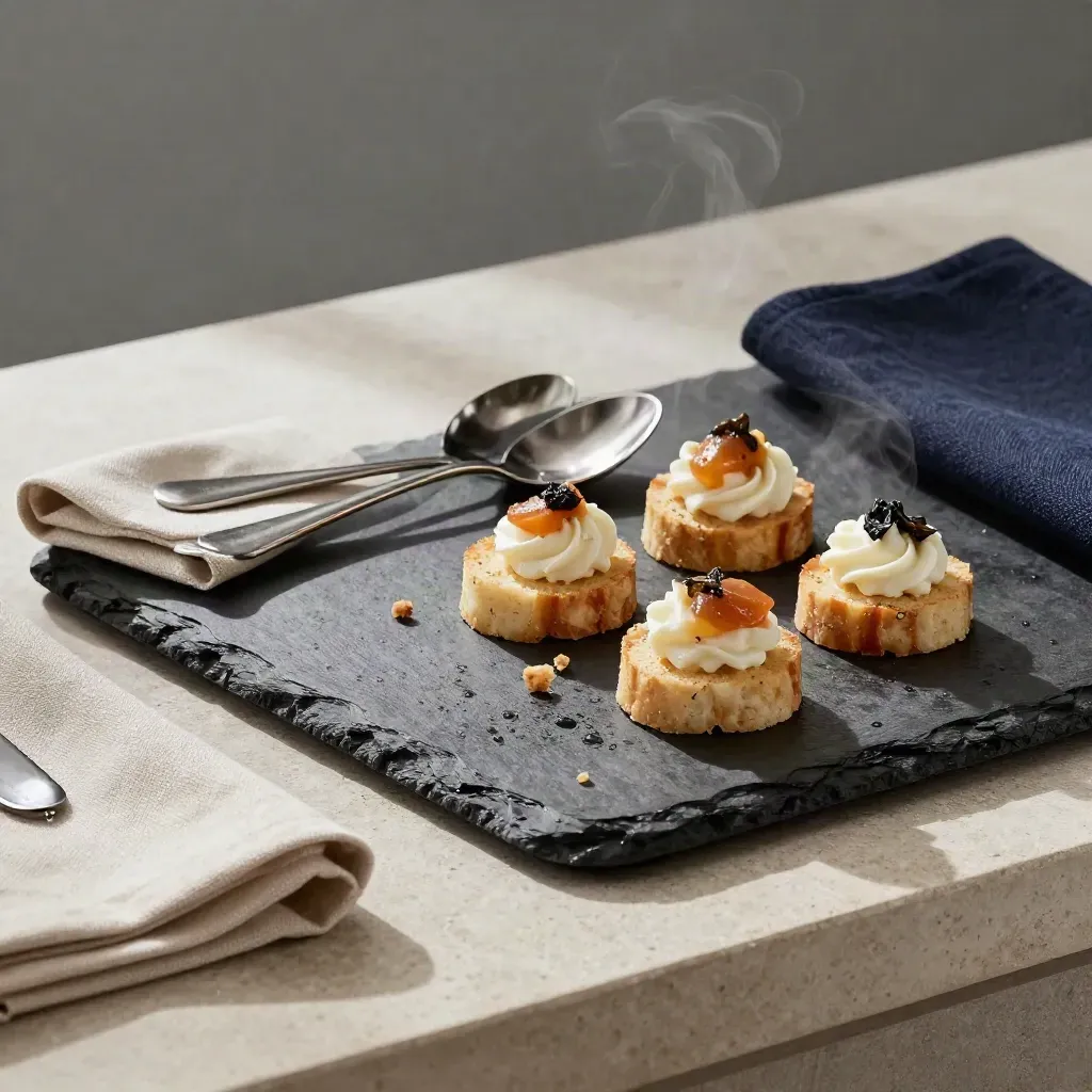 Slate serveerstand met linnen servet, stalen proefslepels en navy accent, koel licht en damp.