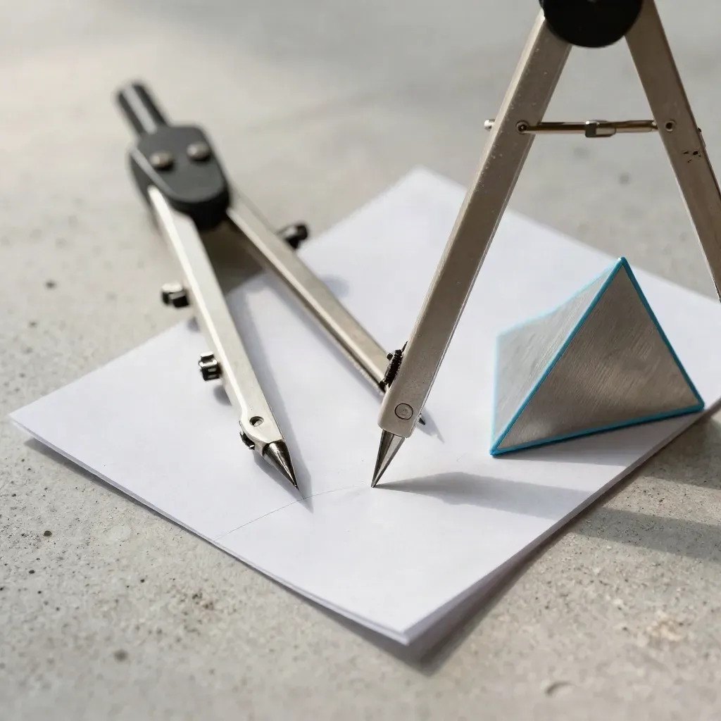 Architectenpasser en witte maquette op beton, met aluminium driehoek en stofkorrels.
