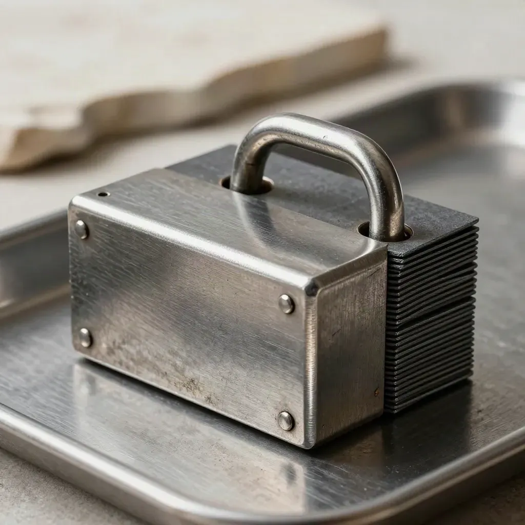 Metalen kratseal met grafiettabs op stalen tray in koel werkplaatslicht.