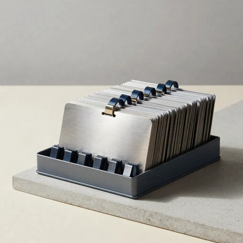 Metaalkaartjes en badgeclips op beton in een strakke netwerkopstelling