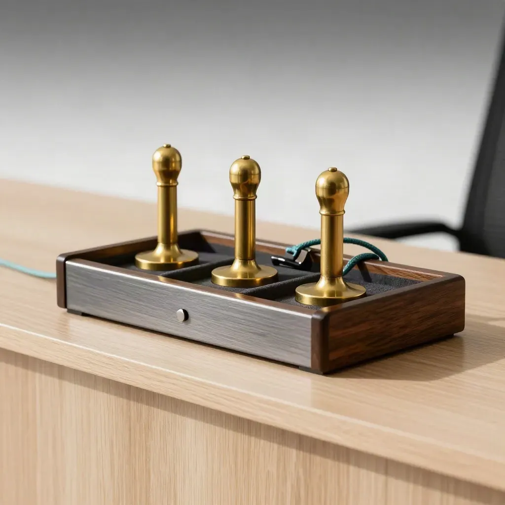 Brass badge reels en lanyardclips naast een kleine kaarthouder op licht hout.