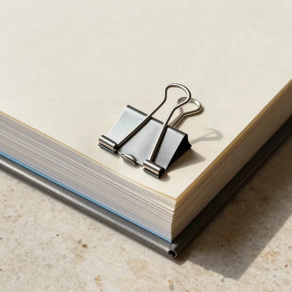 Grafieten kaartmap met tabbladen en metalen klem op travertin, van boven in macro.