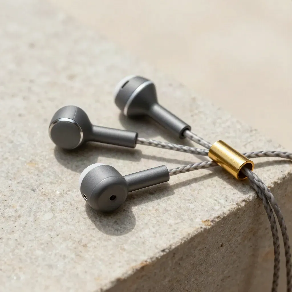 Drie conference-oorstukken met speakerpuck en messing kabelclip op lichte steen
