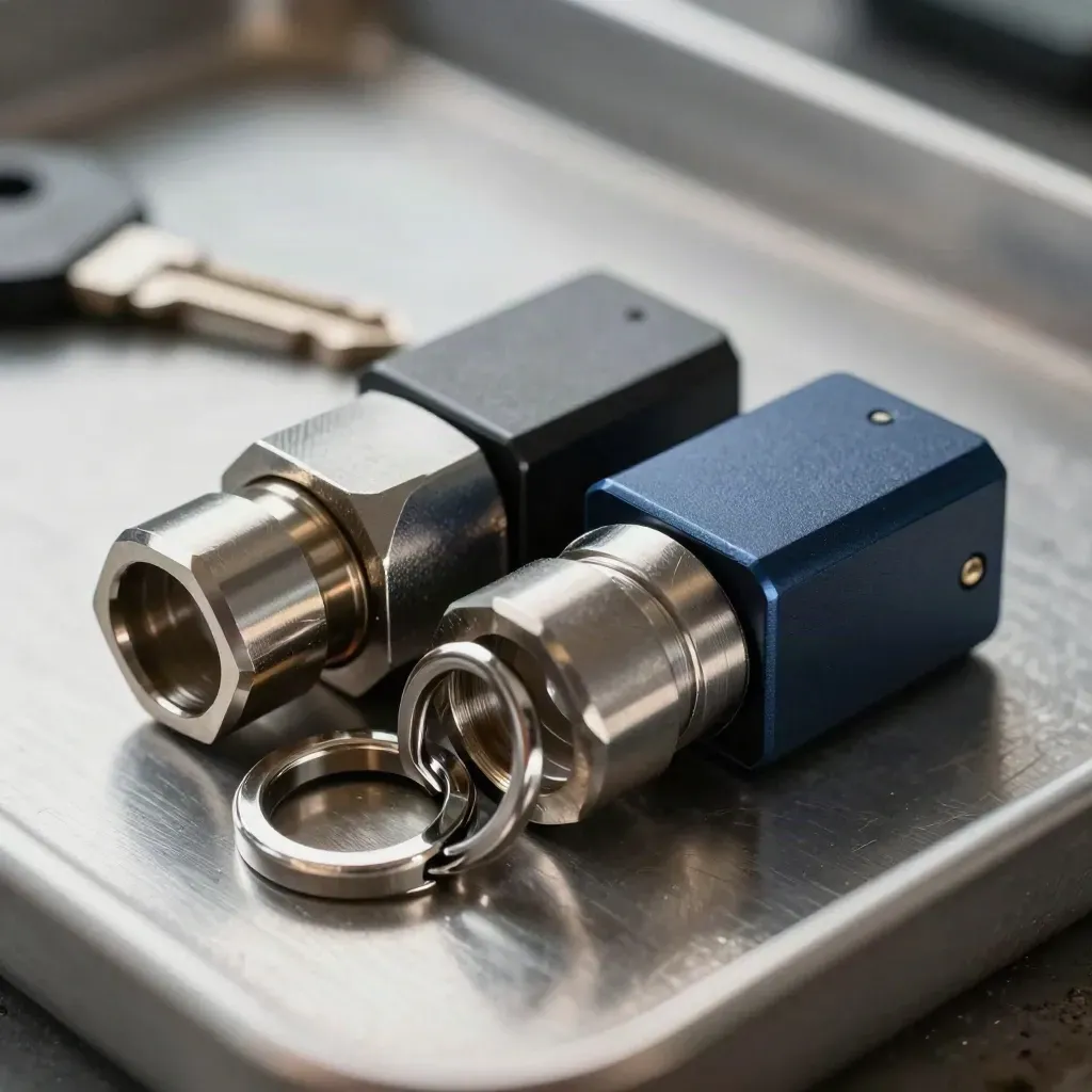 Metaalkoppelingen en magnetische connectoren op een stalen werkblad voor CRM-koppelingen.