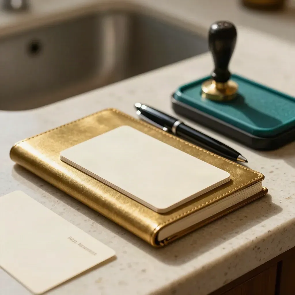 Brass pocketnotitieboek met visitekaartjes, stempelpad en penkap op travertijn.