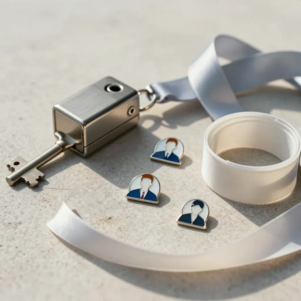 Badge reels, lidspelden, lanyards en een eventpolsbandje op lichte kalksteen.