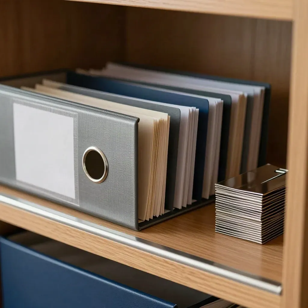 Brushed-metal archiefbak, ordner en tabs op eiken plank in dramatisch licht.