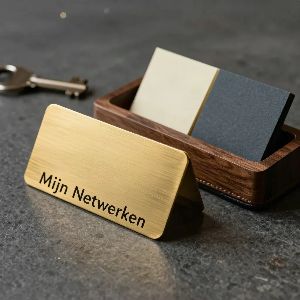 Brass follow-upkaarten, een telefoonhouder en reminder-tabs op donkere steen in dramatisch licht.