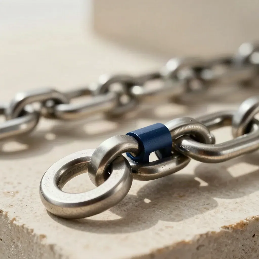 Macro van metalen schakels en ringen met een navy accent op een stenen oppervlak.
