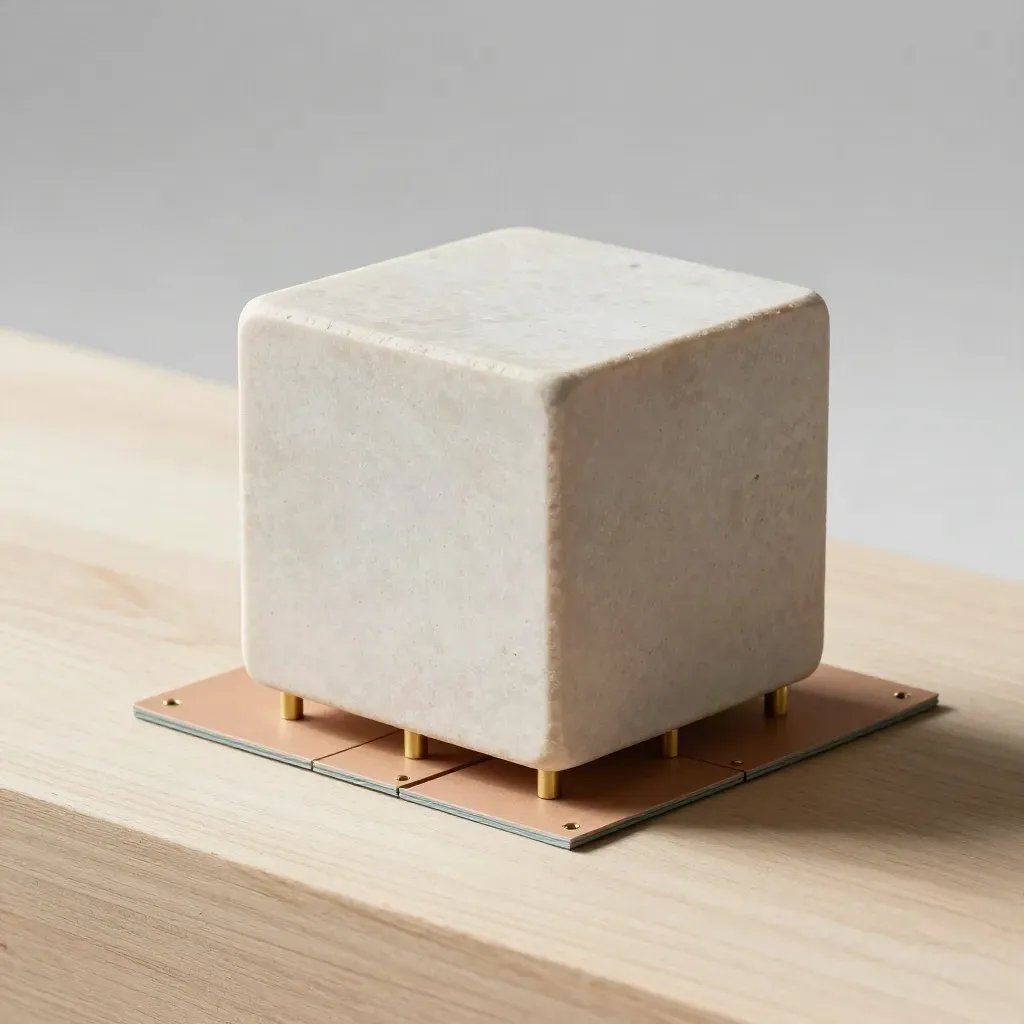 Pale stenen kubussen met messing pins op licht hout in zachte daglichtsfeer.