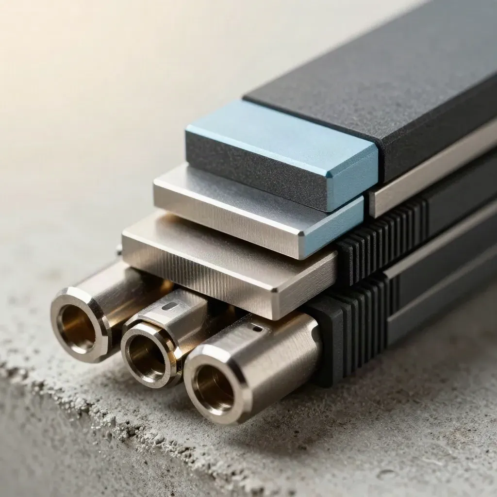 Metalen connectorplaten en een geribbelde spacer in close-up op beton.